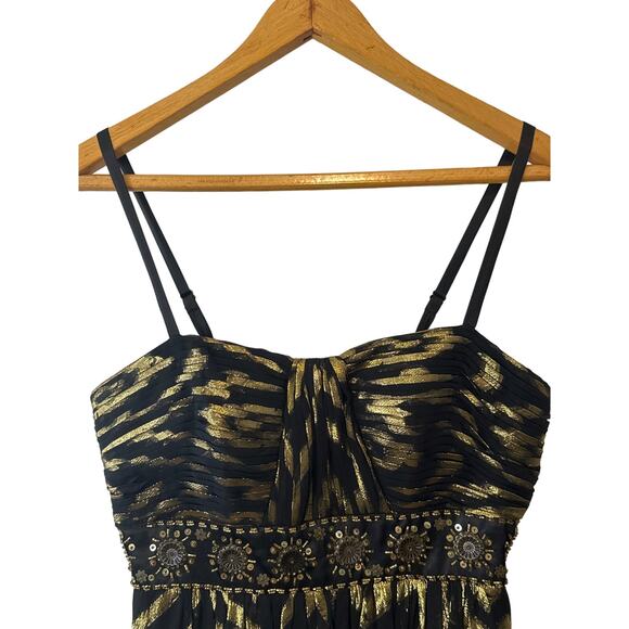 Oleg Cassini Black & Gold Silk Blend Maxi Dress with Beaded Waist Size 4 - Picture 3 of 11